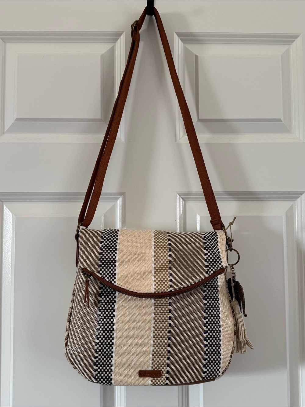 Sakroots Striped Woven Crossbody Bag in Beige, Black and Brown